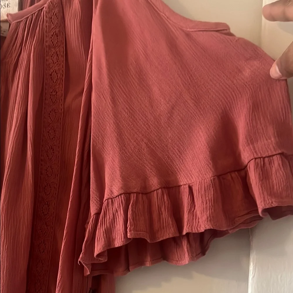 Flowy Ruffle Cold Shoulder Top in Rust - Picture 3 of 5